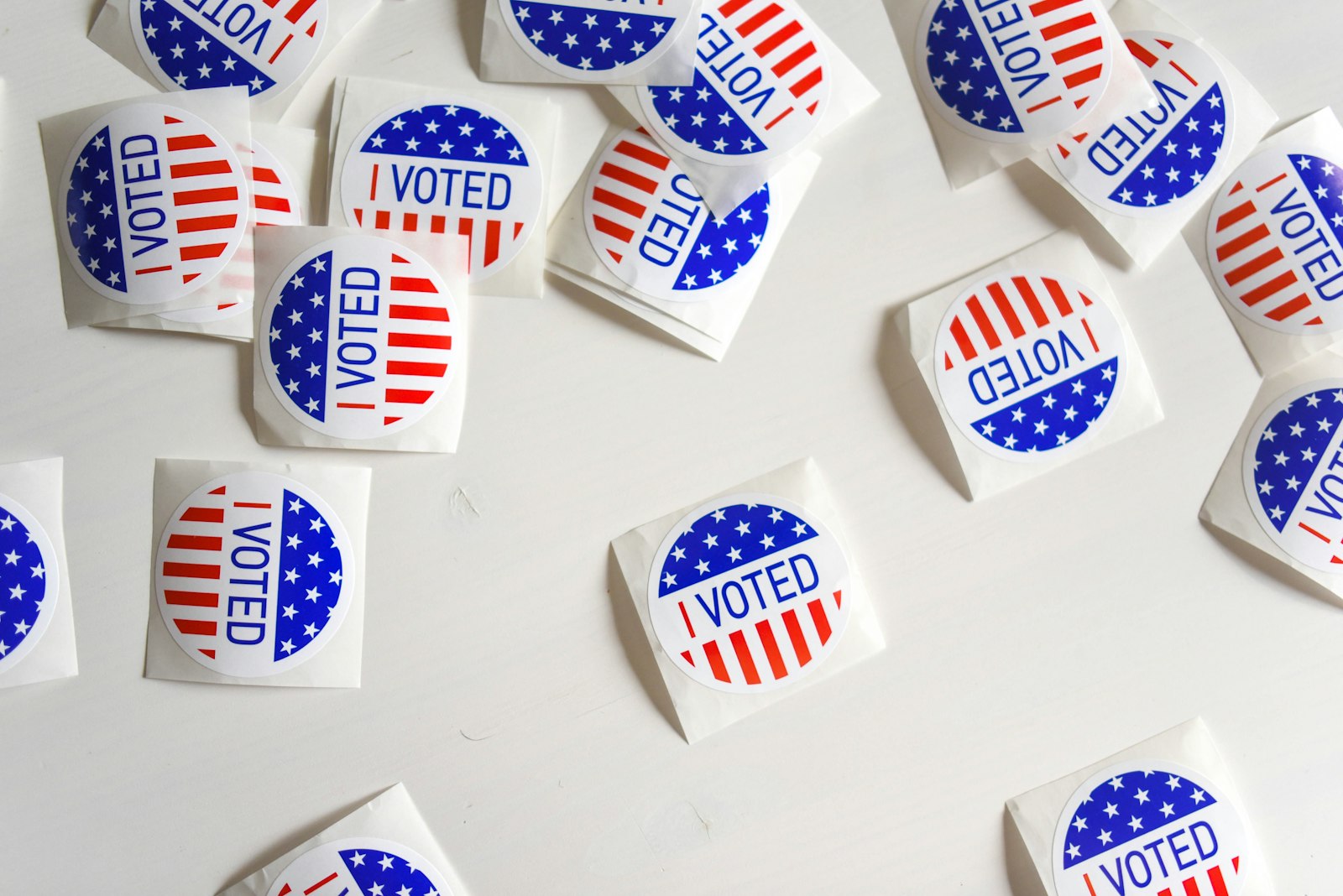 A pile of red, white, and blue "I Voted" stickers