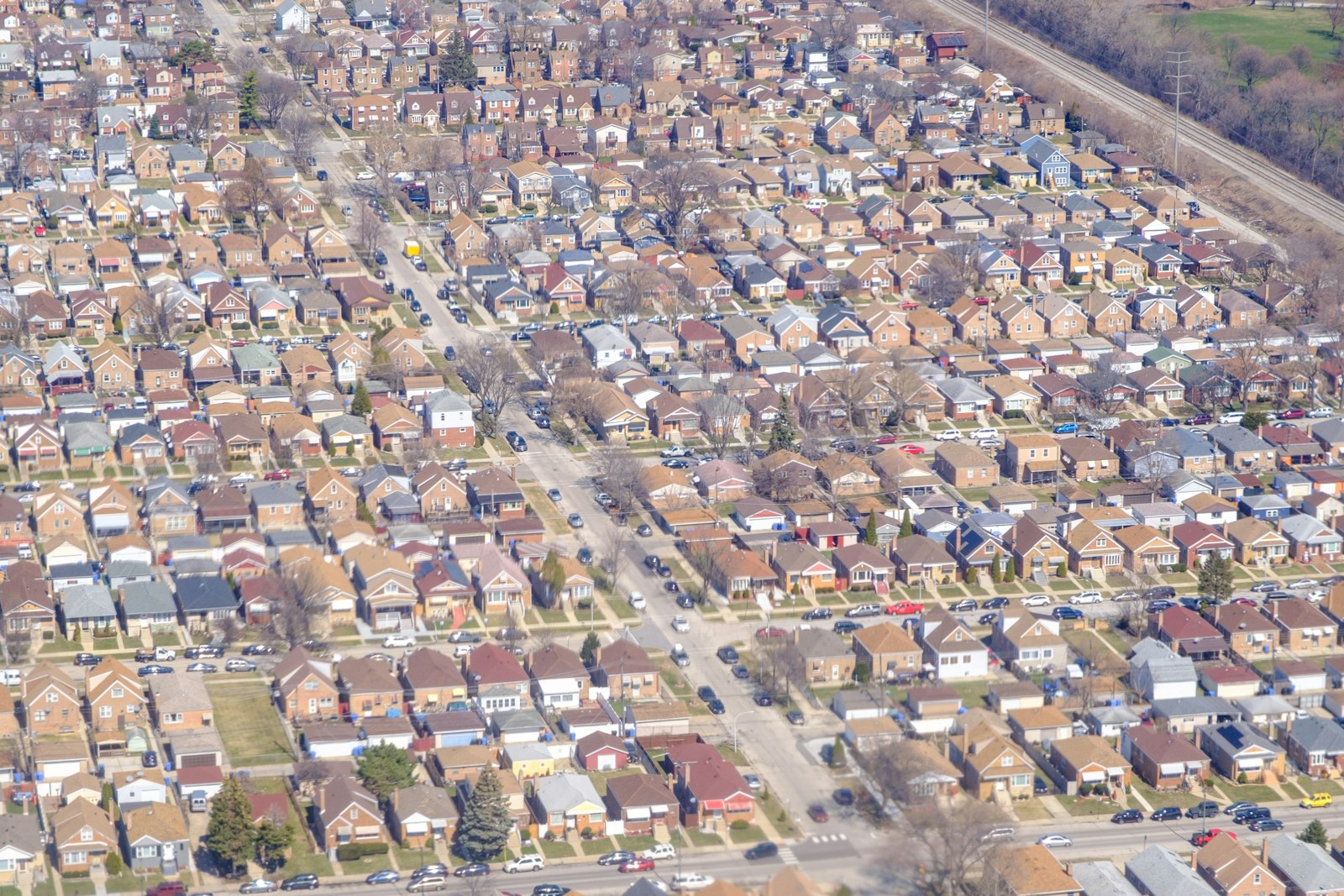 aerial view of a dense residential neighborhood with many detached houses
